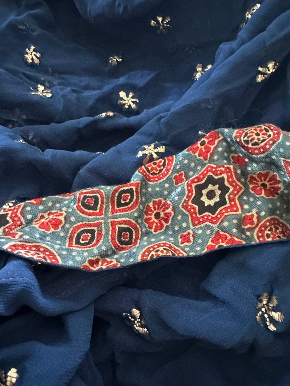 FabIndia saree - navy with gold embroidered flowers
